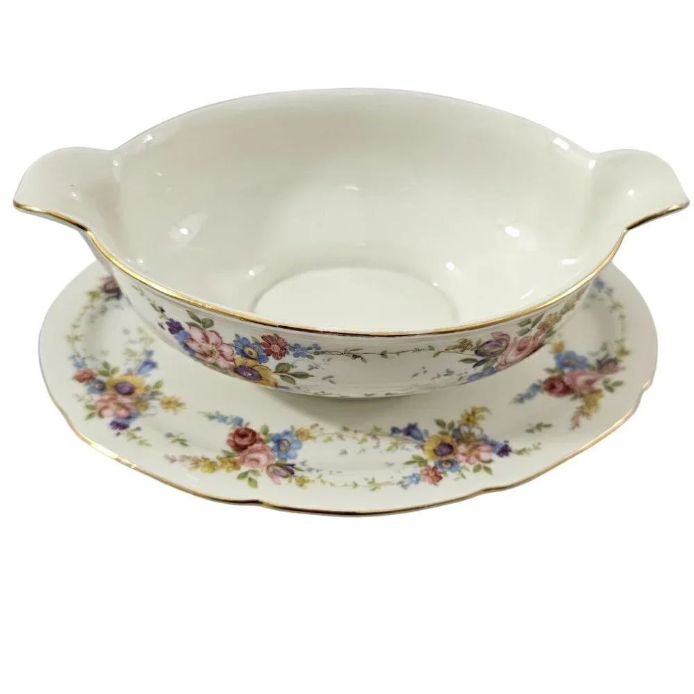 Imperial Bohemian Fine China Floral Print Gravy Boat w/Underplate Czechoslovakia